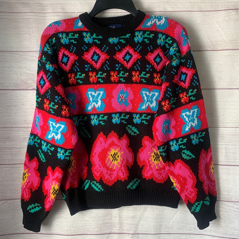 Vintage 80s Silver Unicorn Floral Intarsia Knit Sweater Geometric Size Large